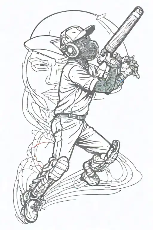 A graffiti-style tattoo of a cricket player with a microphone, blending the client's love for cricket and rap music tattoo design idea