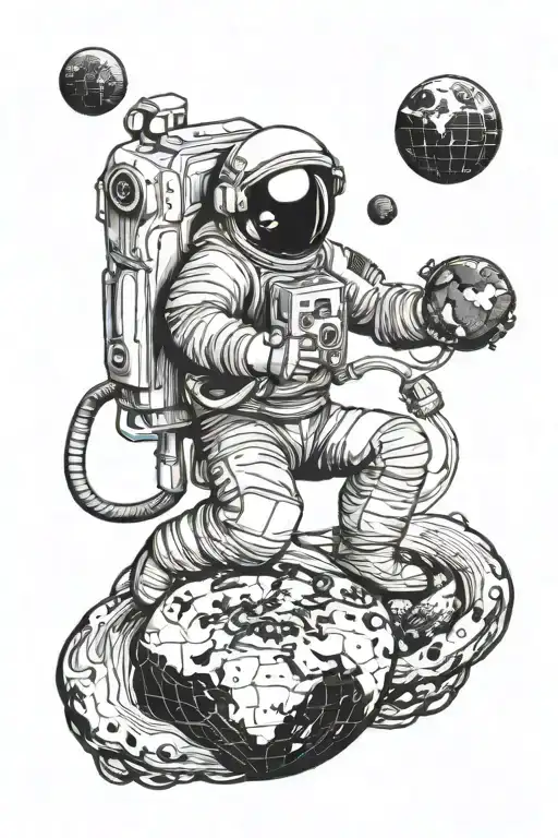 an astronaut in outer space holds the planet Earth in his hand tattoo design idea