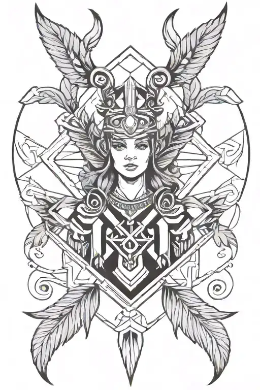 Black and white tattoo in geometric style with the image of a Valkyrie and laurel wreaths without a background on the chest tattoo design idea