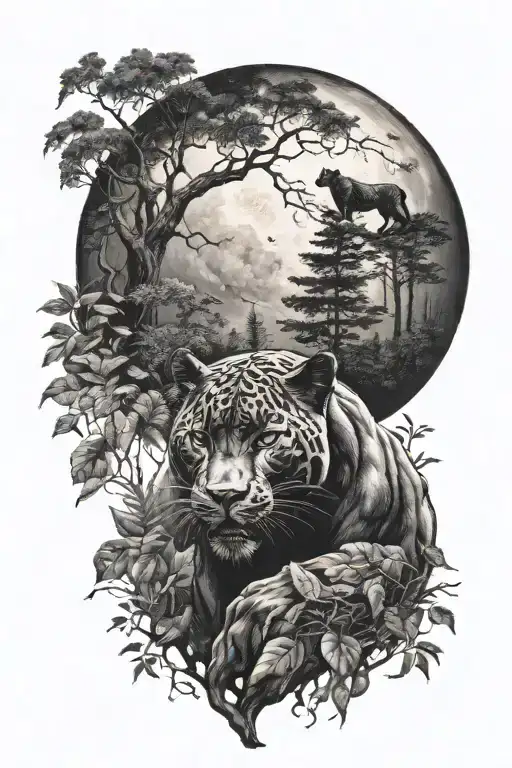 Black panther and forest with moon tattoo design idea