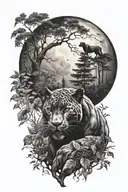 Black panther and forest with moon tattoo design idea
