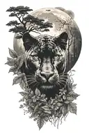 Black panther and forest with moon tattoo design idea