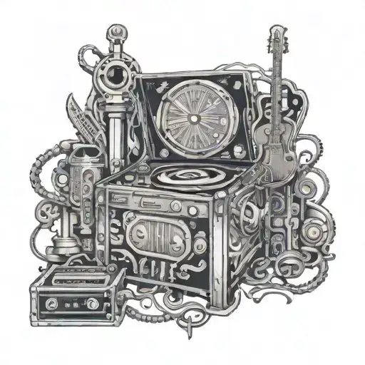 An intricate design of a vintage pinball machine surrounded by musical instruments and switchblades tattoo design idea