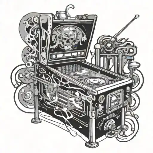 A pinball machine with music-themed artwork and a switchblade embedded in the playfield tattoo design idea