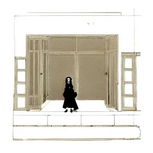 On the central part there is a full-length image of a girl. The girl is standing in front of the open door. A fire is de tattoo design idea