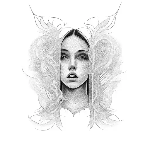 On the central part there is a full-length image of a girl. The girl is standing in front of the open door. A fire is de tattoo design idea