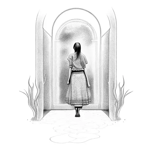On the central part there is a full-length image of a girl. The girl is standing in front of the open door. A fire is de tattoo design idea