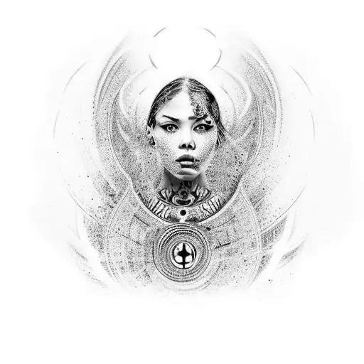 On the central part there is a full-length image of a girl. The girl is standing in front of the open door. A fire is de tattoo design idea