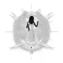 On the central part there is a full-length image of a girl. The girl is standing in front of the open door. A fire is de tattoo design idea