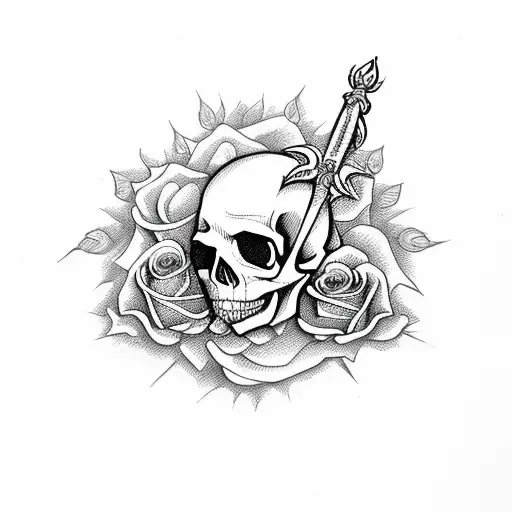 Skull, Roses and Books, with dagger tattoo design idea
