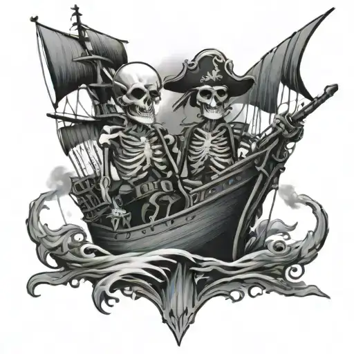 skeleton pirate steering ship tattoo design idea