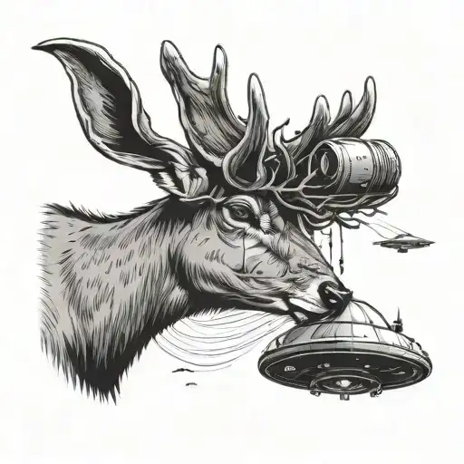A deer observing a UFO landing in a black-grey style tattoo design idea