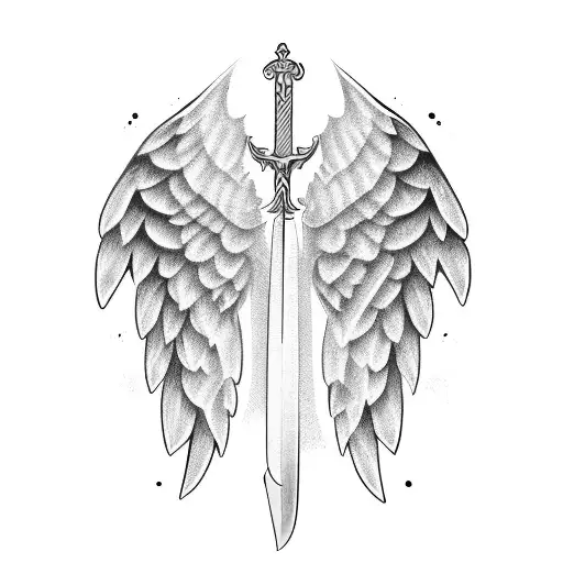angel wings with sword horizontally tattoo design idea