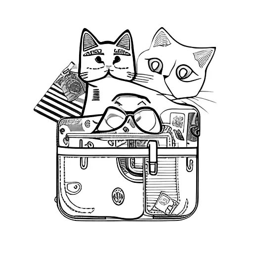 A suitcase with travel stickers and a cat peeking out tattoo design idea