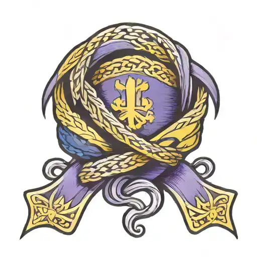 Traditional tattoo of a Ukrainian flag intertwined with a purple ribbon, symbolizing solidarity for epilepsy awareness tattoo design idea