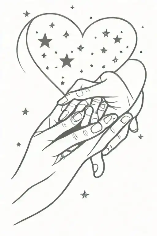 A minimalist design of a mother and son silhouette holding hands, with a heart and stars in the background tattoo design idea