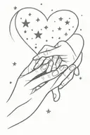 A minimalist design of a mother and son silhouette holding hands, with a heart and stars in the background tattoo design idea