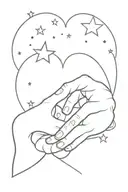 A minimalist design of a mother and son silhouette holding hands, with a heart and stars in the background tattoo design idea