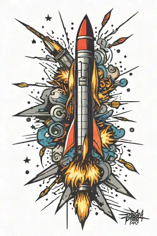 rocket and fireworks exploding in the night tattoo design idea
