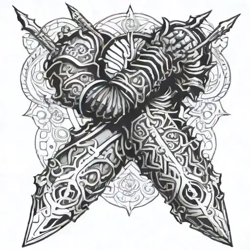 Cybernetic Arm sleeve with the berserk brand of sacrifice and dark souls dark sign integrated into the cybernetics  tattoo design idea