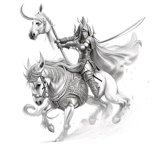 A fierce warrior riding a horse into battle, adorned with Warhammer fantasy symbols and motifs, showcasing the client's love for both fantasy and horses tattoo design idea