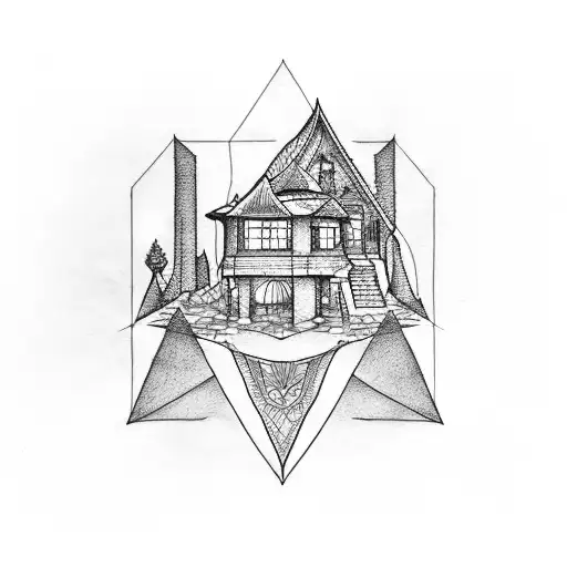 a house in a triangle tattoo design idea