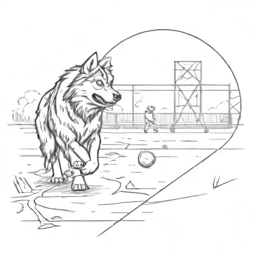 A baseball diamond with a husky and black panther playing catch in the background tattoo design idea