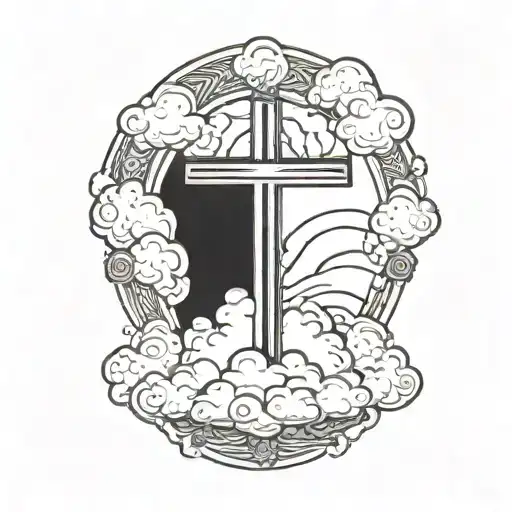 cross with clouds around it with 3 black bands on top tattoo design idea