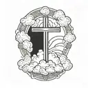 cross with clouds around it with 3 black bands on top tattoo design idea