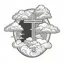 cross with clouds around it with 3 black bands on top tattoo design idea