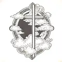 cross with clouds around it with 3 black bands on top tattoo design idea