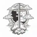 cross with clouds around it with 3 black bands on top tattoo design idea