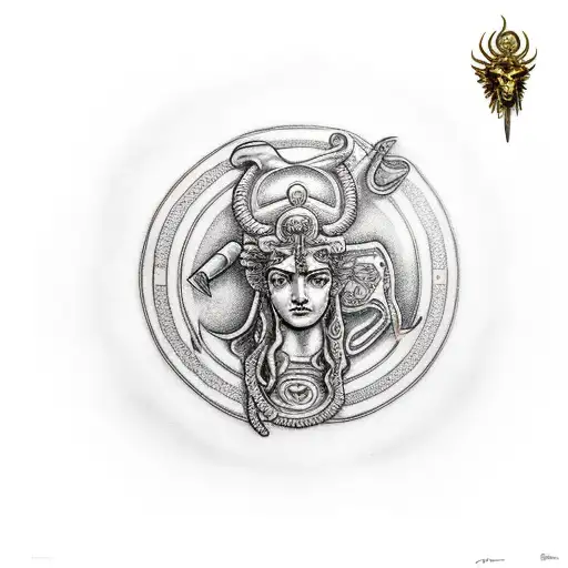 Athena holding spear and Medusa shield tattoo design idea