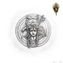 Athena holding spear and Medusa shield tattoo design idea