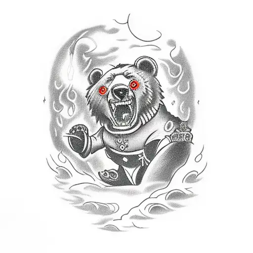 A fierce bear with glowing red eyes, standing in front of a castle made of ice tattoo design idea