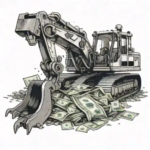 A detailed tattoo of an excavator digging up piles of money, symbolizing the client's love for both money and excavators tattoo design idea