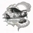 A vintage biplane flying through a stormy sky tattoo design idea