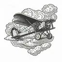 A vintage biplane flying through a stormy sky tattoo design idea