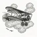 A vintage biplane flying through a stormy sky tattoo design idea