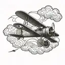 A vintage biplane flying through a stormy sky tattoo design idea