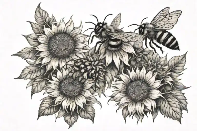 Sunflowers and bees buzzing tattoo design idea