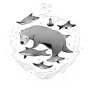 bear looking into a pool of water where a mermaid, seal, and whale swim tattoo design idea