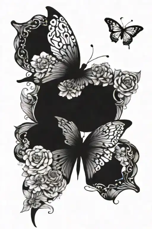 butterfly tattoo half is normal the other half is filled with February, June and September birth flowers  tattoo design idea
