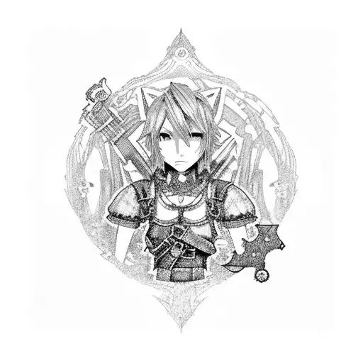 Combine elements from NieR, Final Fantasy, and Kingdom Hearts into a surreal and intricate design tattoo design idea