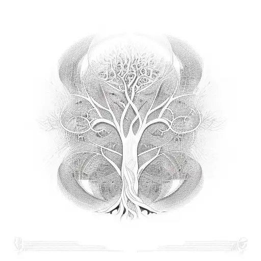An abstract representation of a tree of life intertwined with musical staff lines tattoo design idea