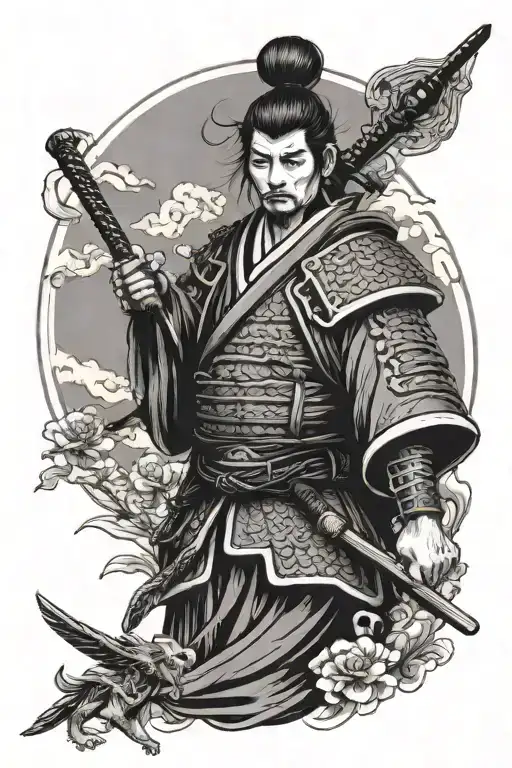 samurai warrior looking forward facing female angel tattoo design idea