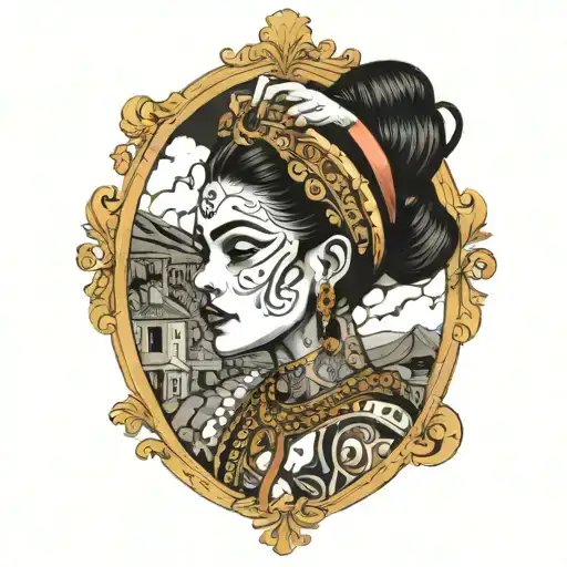 Chicana woman with Sicilian clothing, Etna seen from a small window erupting, other small drawings tattoo design idea