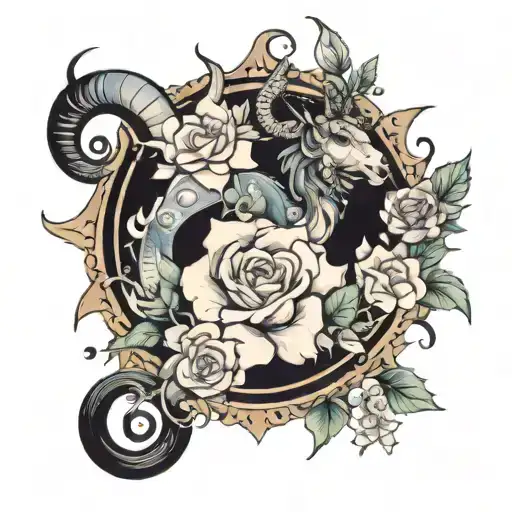 space, capricorn and flowers tattoo design idea