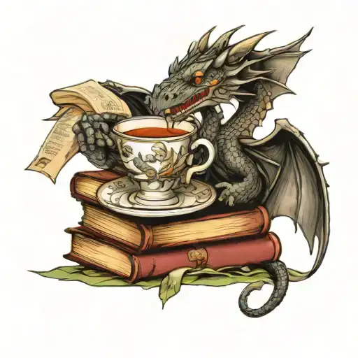 dragon on a book stack holding a tea cup with a library background  tattoo design idea