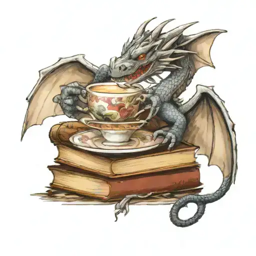 dragon on a book stack holding a tea cup with a library background  tattoo design idea